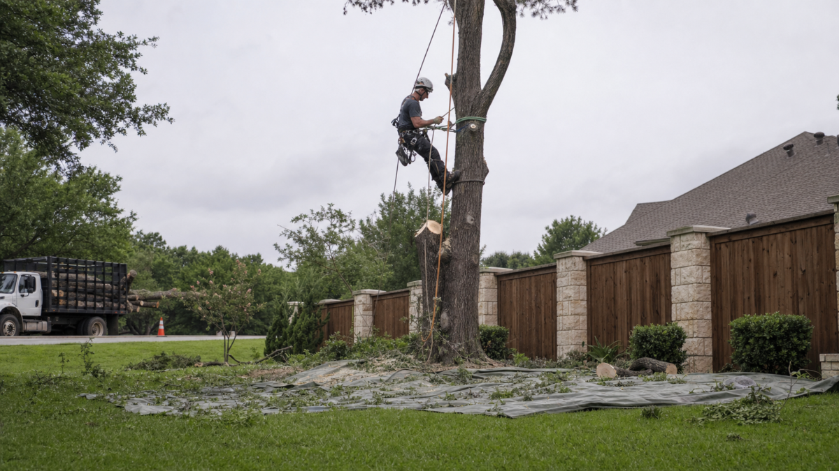 Planning Tree Removal Near a Wood Fence in Flower Mound — realistic Flower Mound, Texas tree-service scene