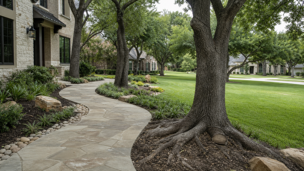 Stone Walkways and Tree Roots in Flower Mound — realistic Flower Mound, Texas tree-service scene