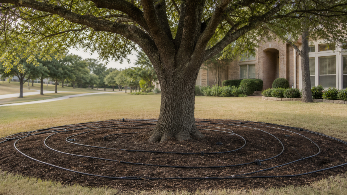 Watering Mature Trees During Flower Mound Drought — realistic Flower Mound, Texas tree-service scene