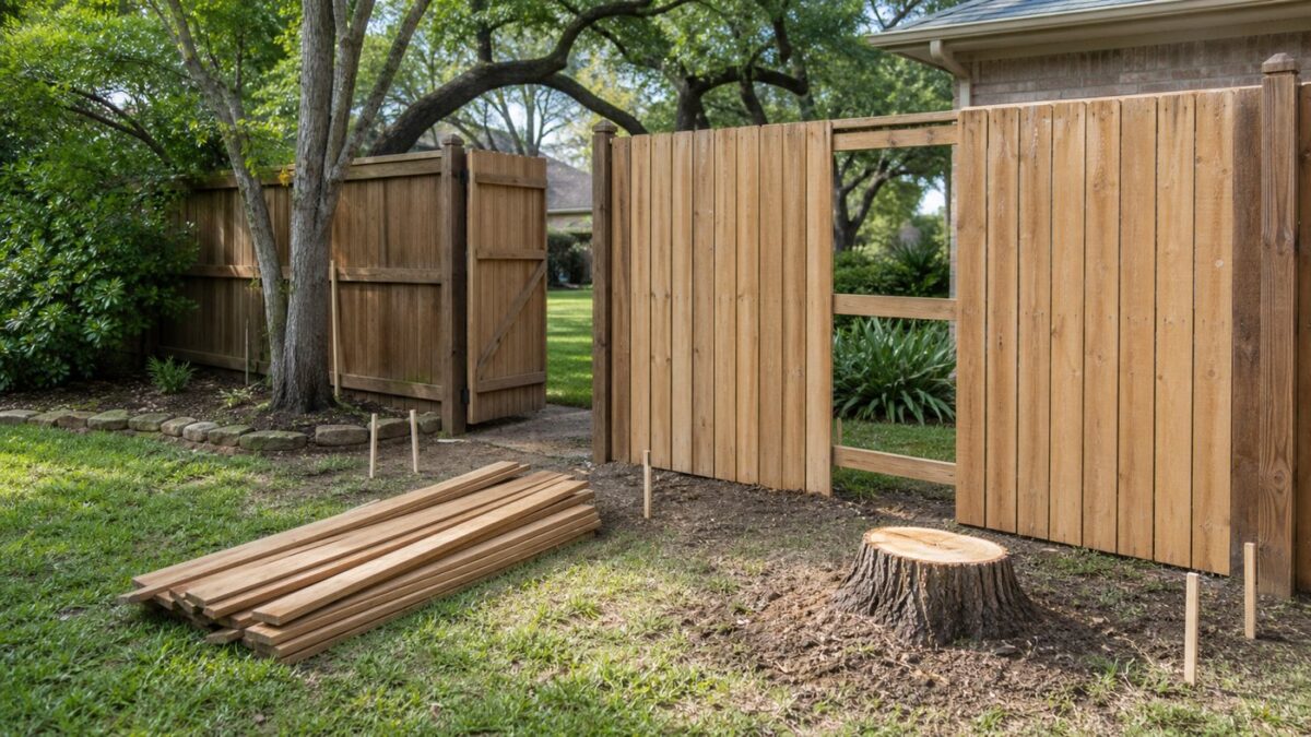 Wood fence repair area beside a ground-level tree stump in Flower Mound