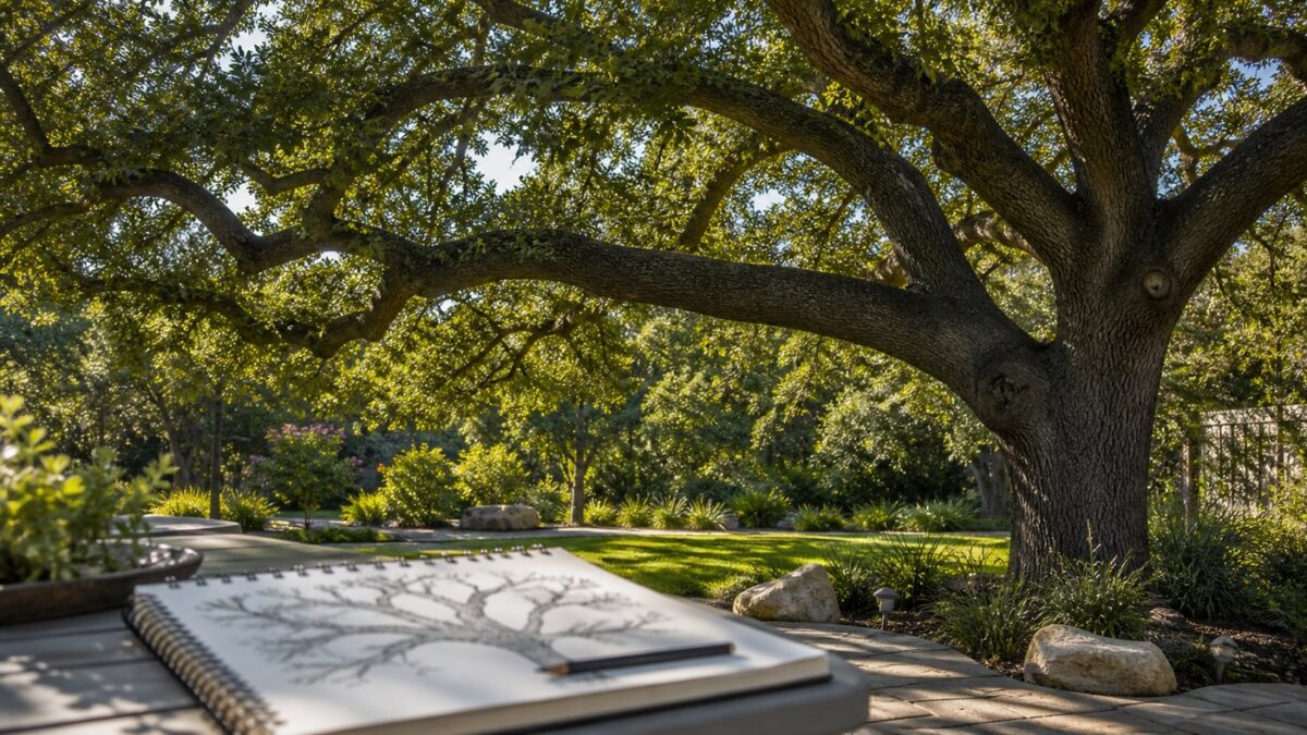 Mature oak canopy and careful pruning planning notes in a Flower Mound yard