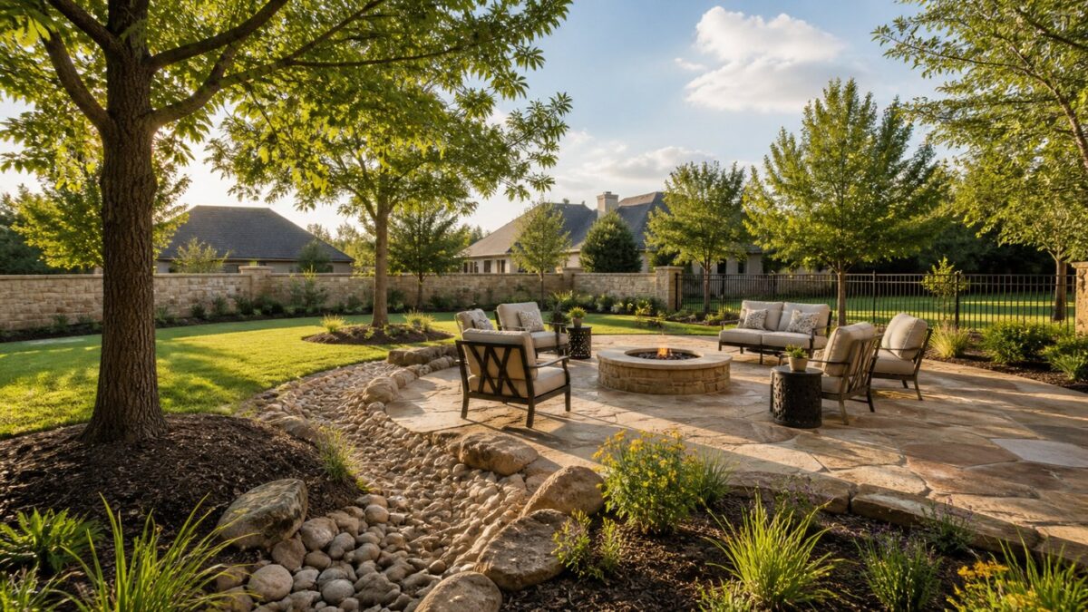 Stone patio with planned shade tree placement in a Flower Mound backyard