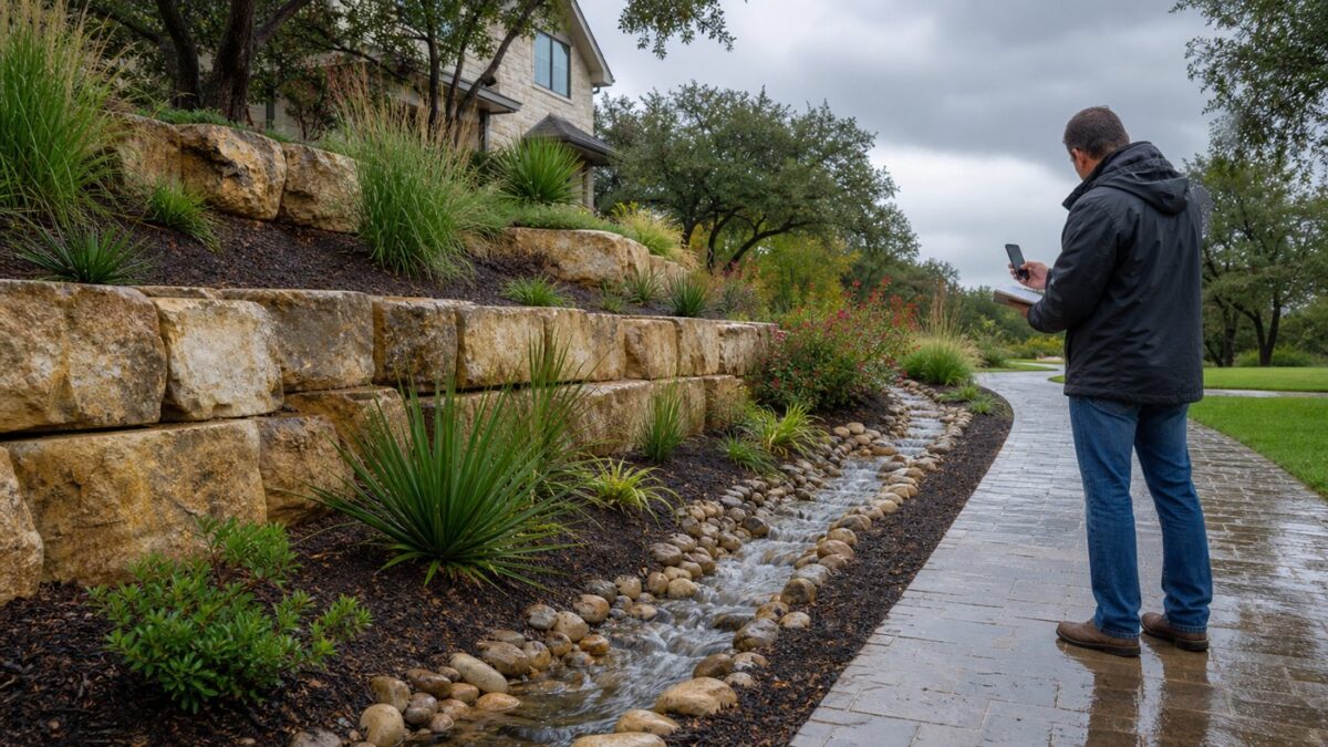 Retaining wall with a planned drainage path after rain in a Flower Mound landscape
