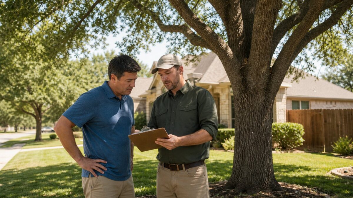 Homeowner reviewing a tree removal planning checklist beside a mature tree in Flower Mound